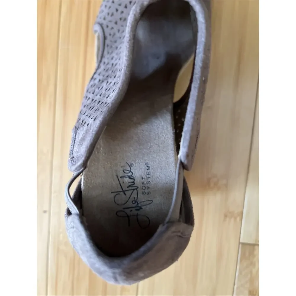 Life Stride Soft System Wedge Sandals Size 10 Brown Taupe Perforated Faux Suede